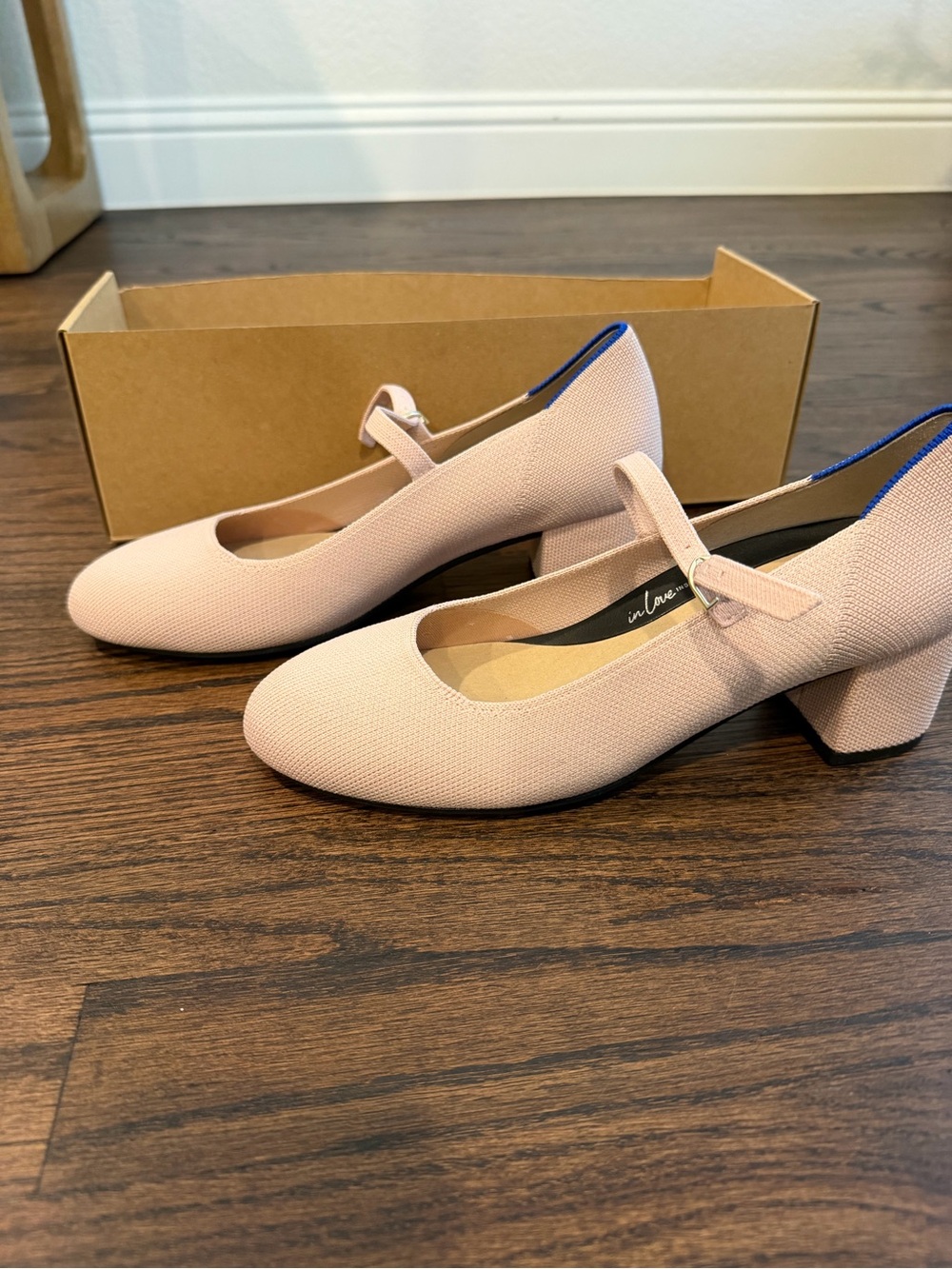 Rothy's blush pink Mary Jane block heels